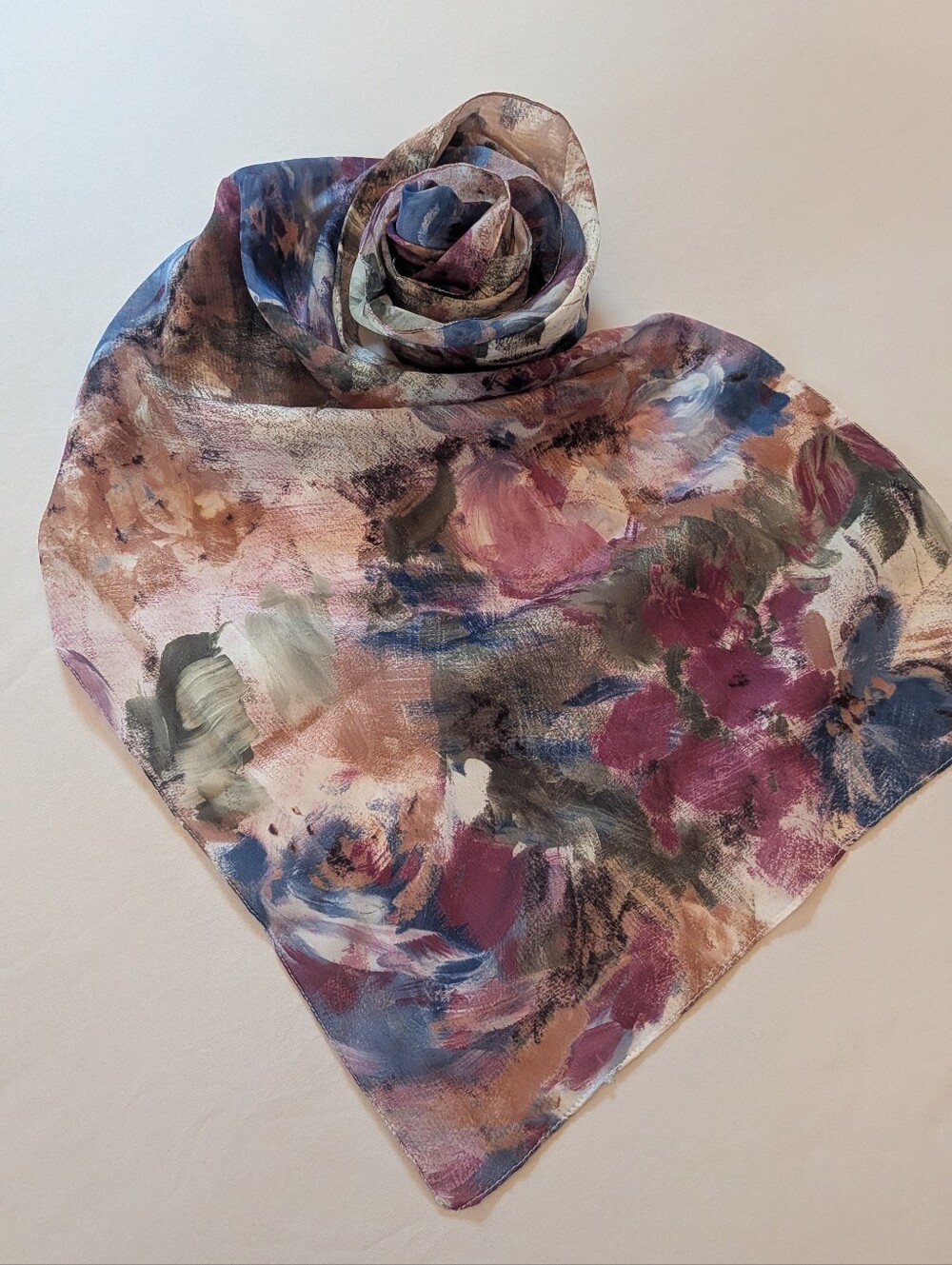 Floral Watercolor Silk-Feel Scarf in Mauve and Blue